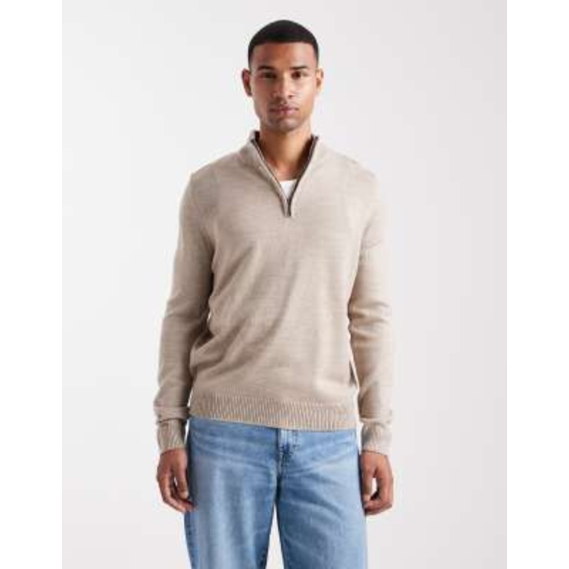 Brave Soul knit quarter zip sweater in beige