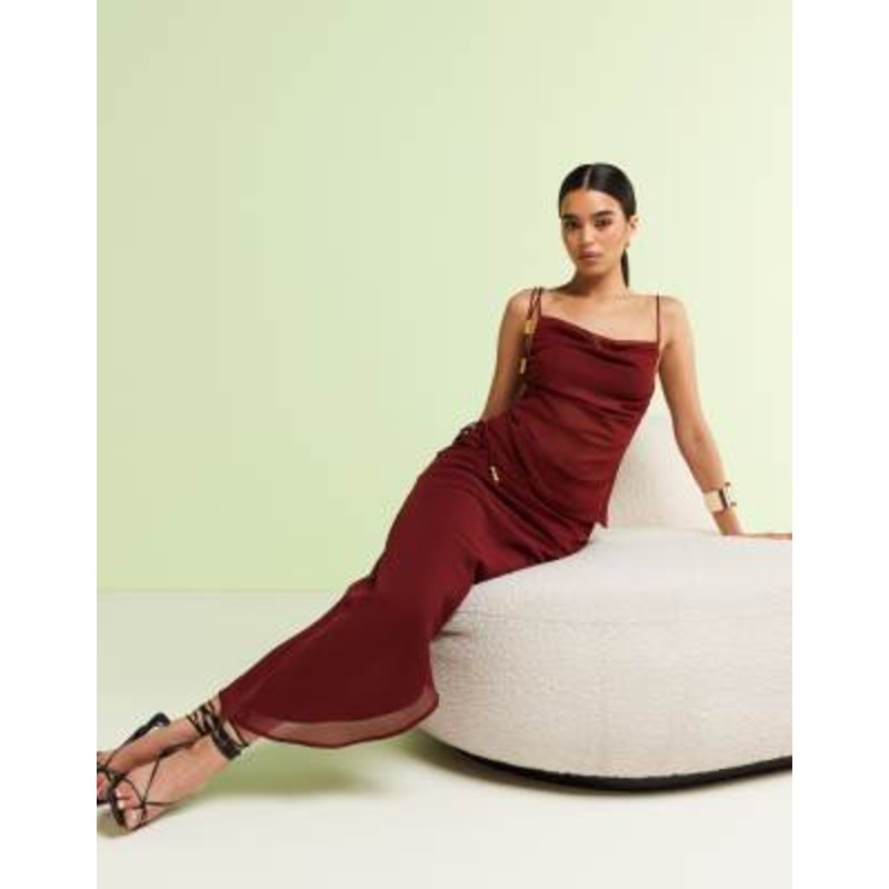 DESIGN chiffon tie shoulder asymmetric cami top in burgundy – part of a set