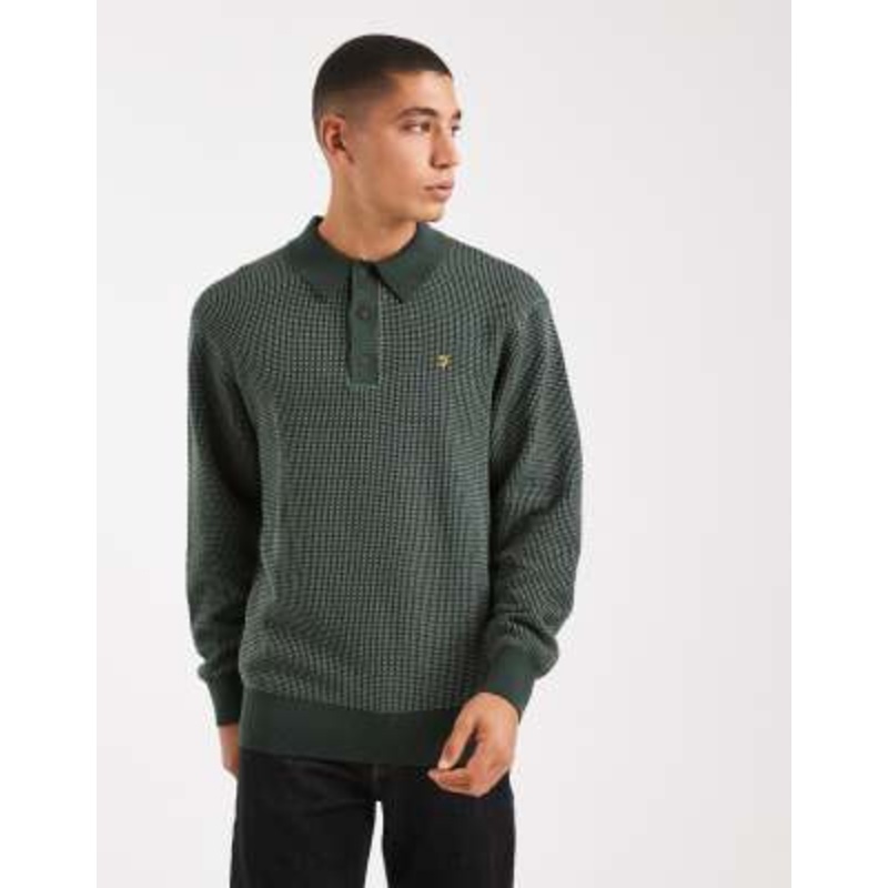 Farah gateacre knit long sleeve polo shirt in dark green