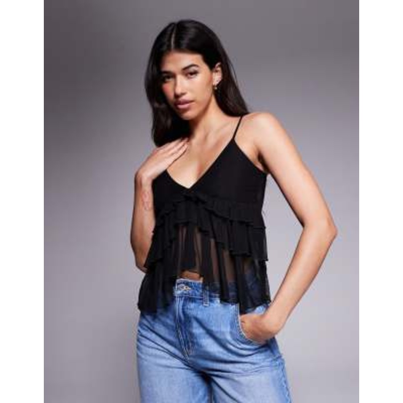 Fashionkilla mesh tiered frill front cami top in black