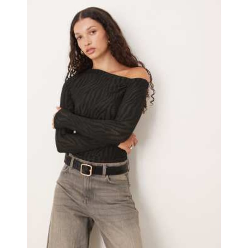 Gina Tricot long sleeve one shoulder asymmetric effect top in black