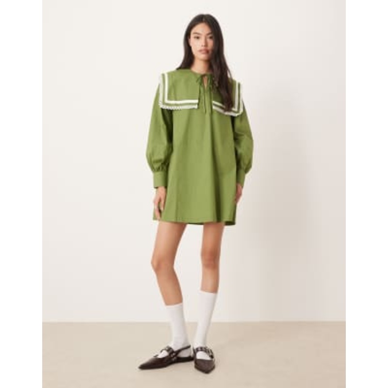 Glamorous square neck collar smock mini dress in deep olive and white
