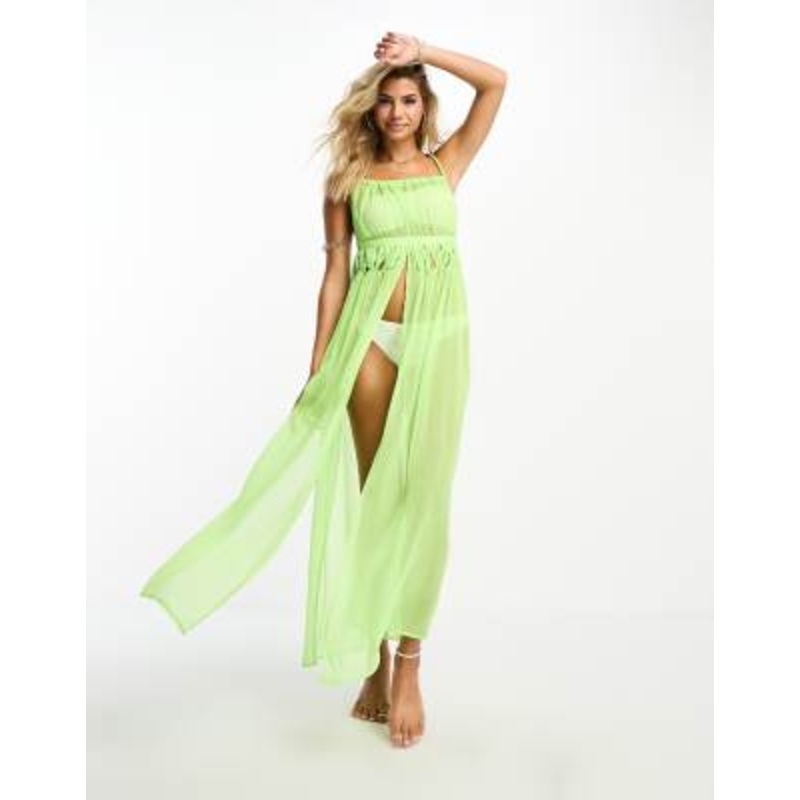 Miss Selfridge beach strappy braid detail split front maxi dress in washed neon lime