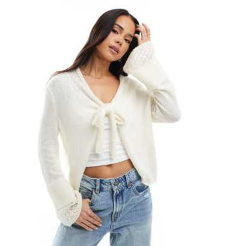 Miss Selfridge tie front cardigan with fluted sleeves in cream