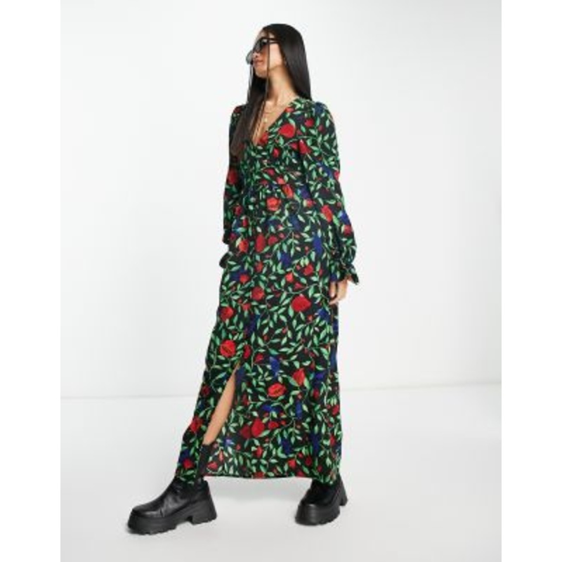 Monki button down v neck long sleeve dress in multi