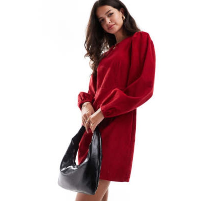 Nobody’s Child Patras corduroy mini dress with balloon sleeves in red