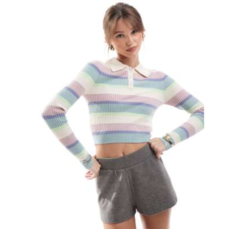 ONLY cropped knit polo shirt in pastel stripes