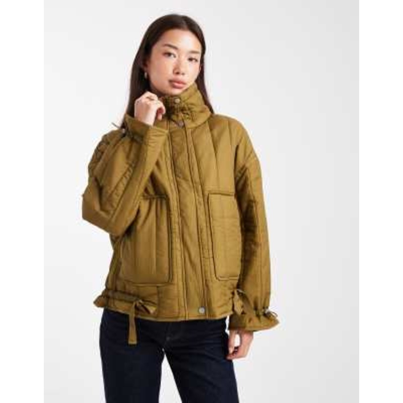 ONLY tie detail quilted funnel neck coat in olive
