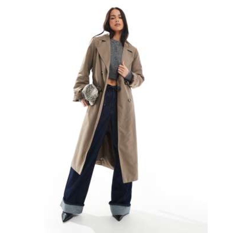 Pieces belted trench coat in lentil brown
