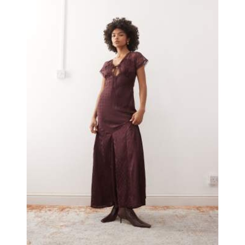Reclaimed Vintage maxi day dress with lace inserts in plum floral satin jacquard