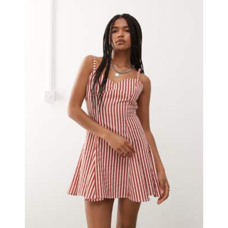 Reclaimed Vintage mini sun dress with bust seam detail and godets in burgundy stripe