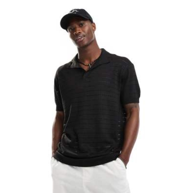 South Beach oversized knit beach polo in black