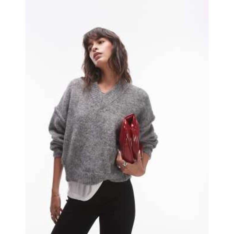 Topshop knit high V-neck fluffy sweater in gray