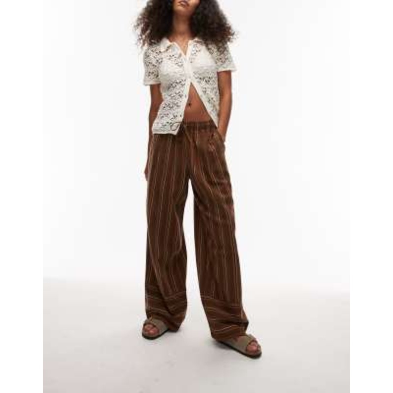 Topshop Linen brown stripe deep cuff straight leg pants in brown