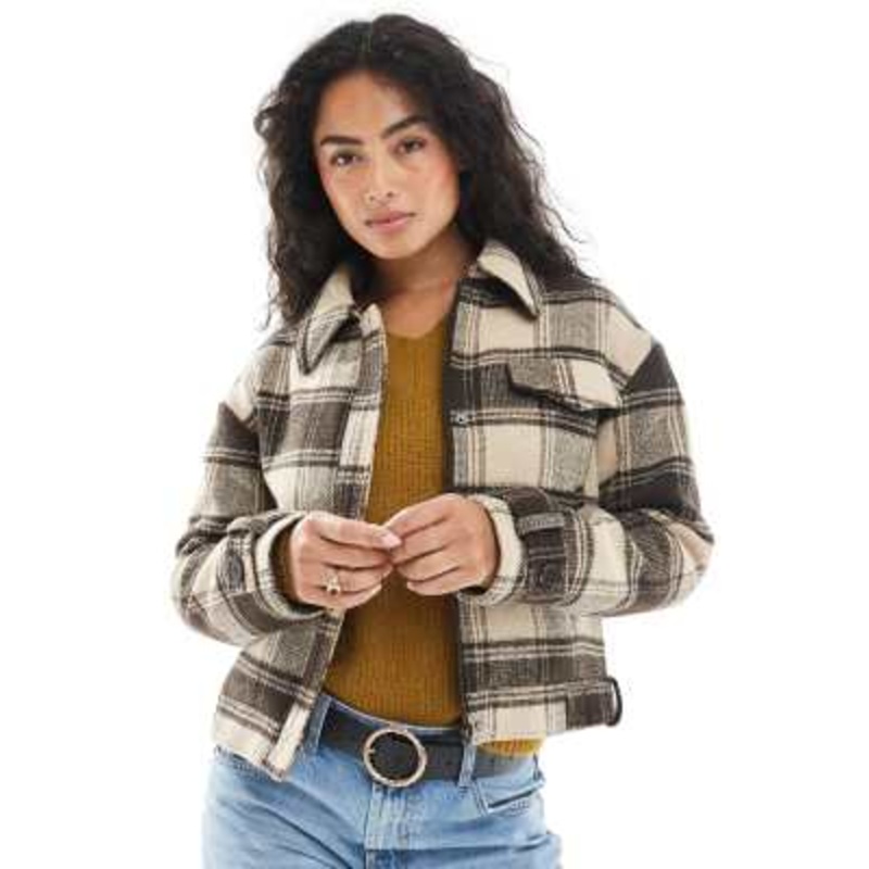 Wednesday’s Girl brushed plaid bomber jacket in brown