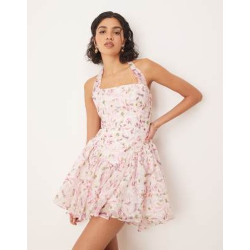 Bardot halter neck mini dress in pink floral
