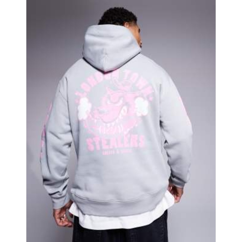 Cheats & Thieves London town back print 320gsm hoodie in gray