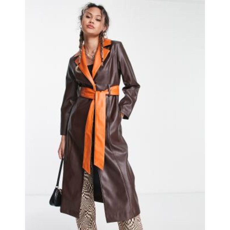 COLLUSION faux leather trench coat in chocolate brown with contrasting orange details