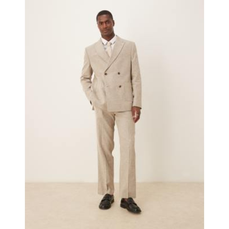 DESIGN cotton linen blend double breasted regular suit in beige