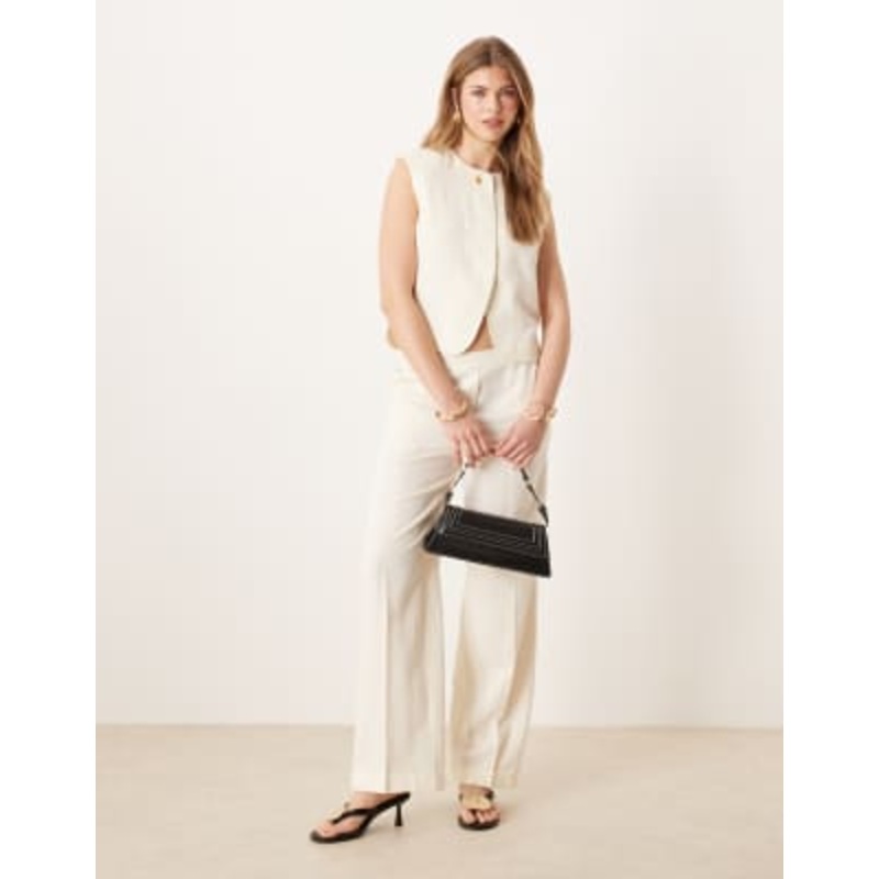 DESIGN high neck boxy vest & tailored straight leg pants set with linen in ivory