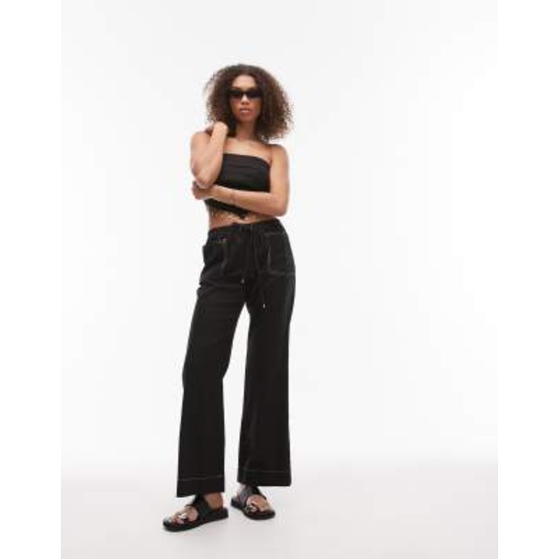 Emory Park drawstring wide leg linen blend pants in black