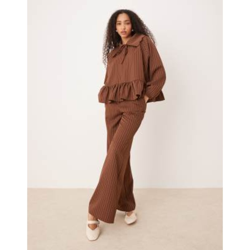 Glamorous poplin pull on pants in brown stripe – part of a set