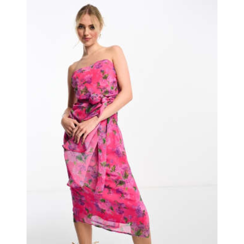 Hope & Ivy bandeau drape midi dress in bright pink floral