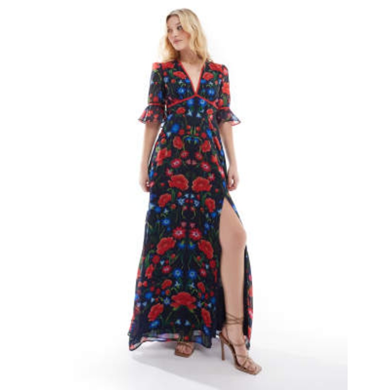 Hope & Ivy frill sleeve thigh split open back maxi dress in red navy print