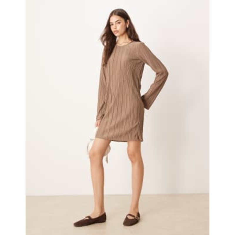 JDY Tall plisse flute sleeves mini dress in light brown