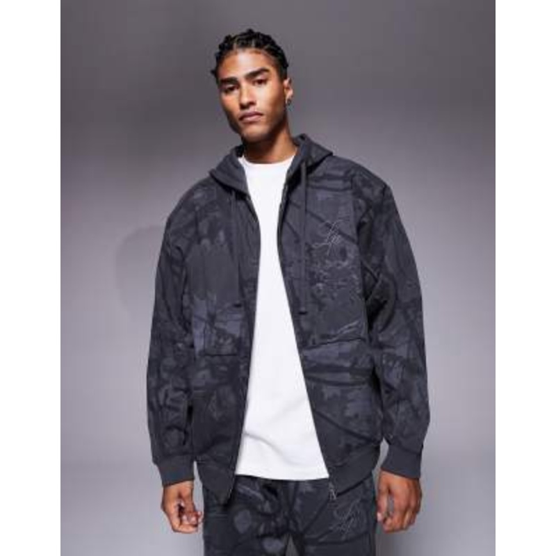 Liquor N Poker oversized camo print zip up hoodie in multi