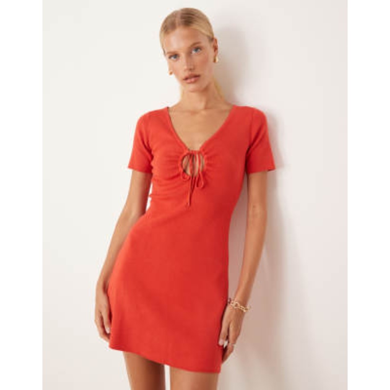 Mango compact knit mini tea dress with tie detail in red