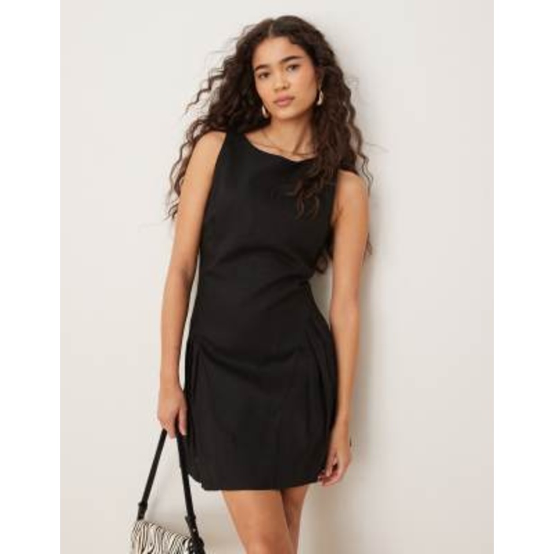 Mango linen mix dropped waist mini dress in black