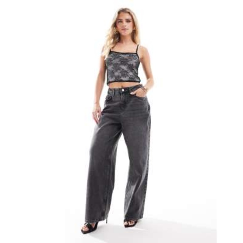 Miss Selfridge Petite flocked bow pocket baggy jean in black wash