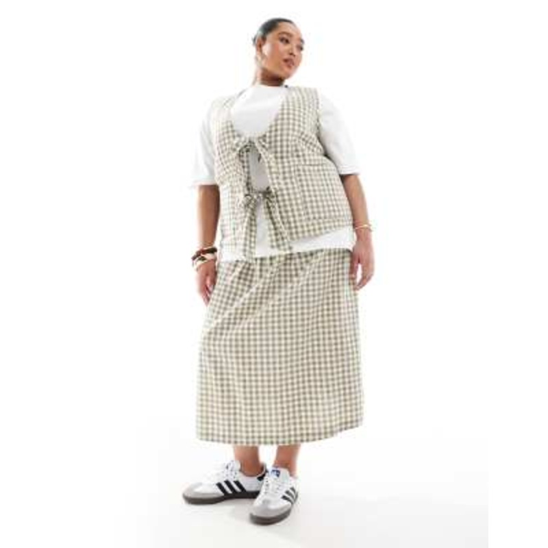 Renee Studio exclusive reversible tie front vest & maxi skirt set in green gingham