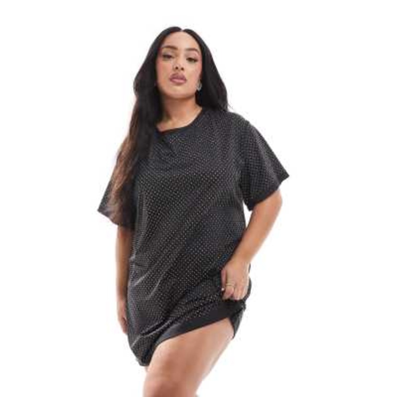 Renee Studio Plus x Michelle Nayla exclusive allover hotfix ribbon tie back t-shirt mini dress in black