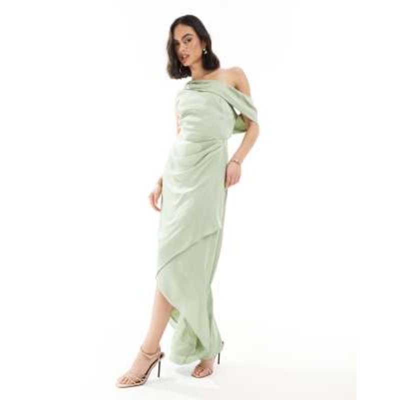 TFNC Bridesmaid satin fallen shoulder maxi dress with wrap skirt in sage