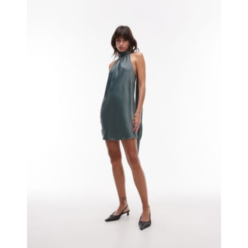 Topshop halterneck scarf detail mini dress in petrol