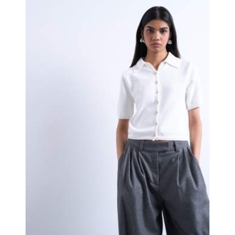 Topshop knit short sleeve polo top in neutral