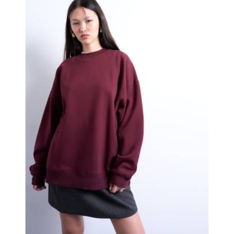Topshop longline oversized sweatshirt in burgundy