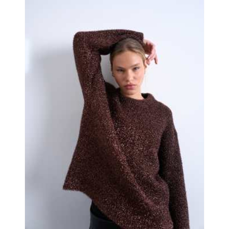 Topshop oversized tinsel wide sleeve knit sweater in brown