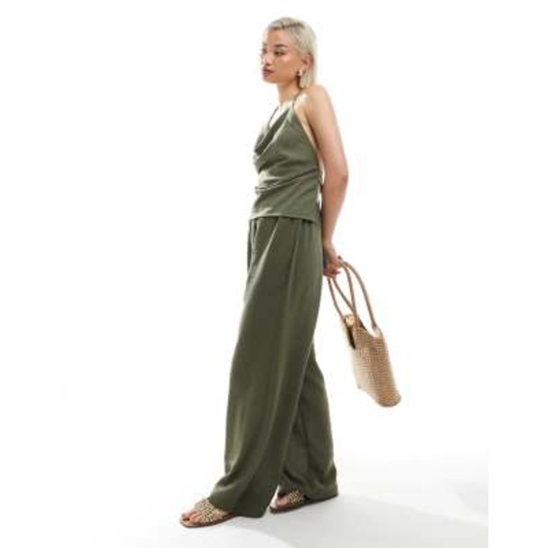 Vero Moda linen look high waist wide leg pants in herb green – part of a set