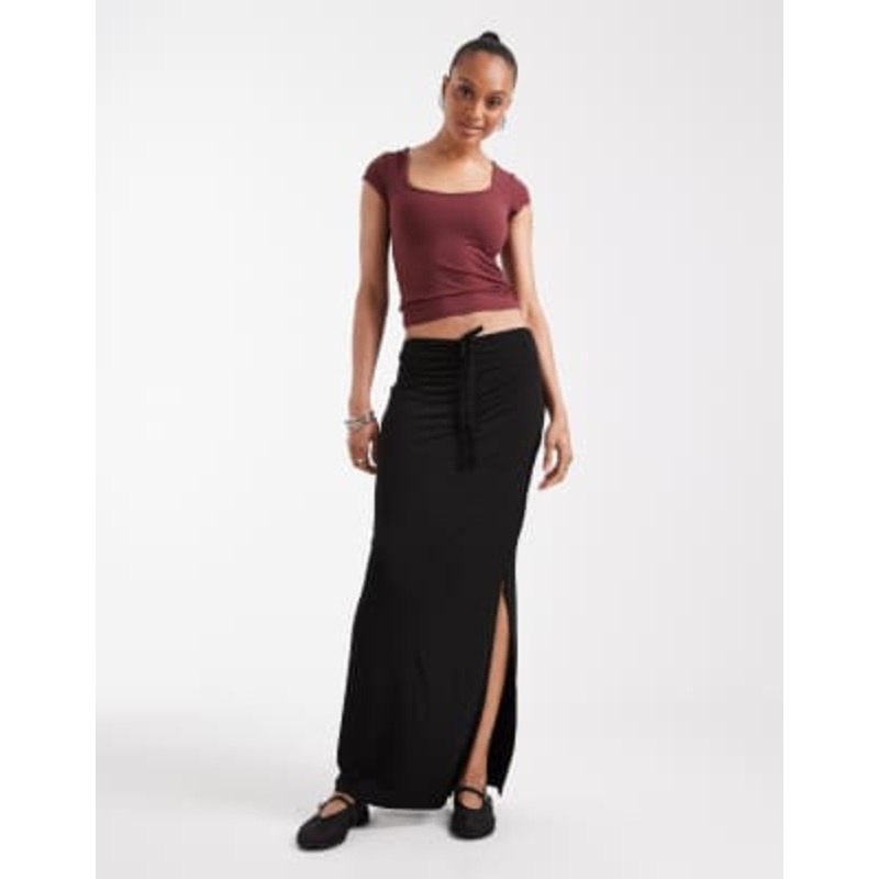 Vero Moda Tall slinky ruched front maxi skirt in black