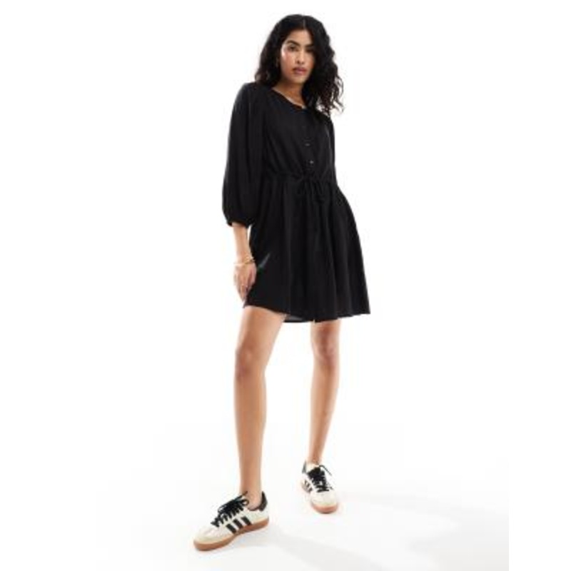 Vila linen touch tie waist mini dress in black