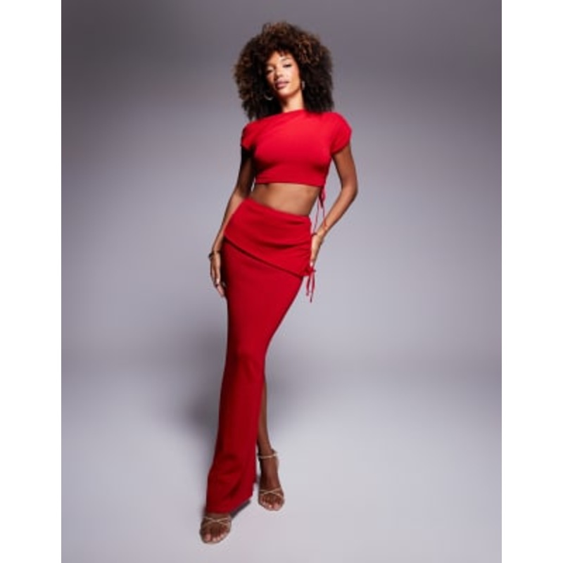Wander Doll Yris knit off shoulder ruched detail top and maxi skirt set in red