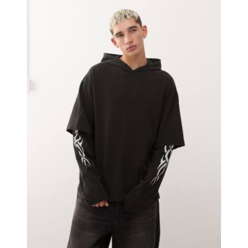 Weekday double layered long sleeve hoodie with graphic print in black