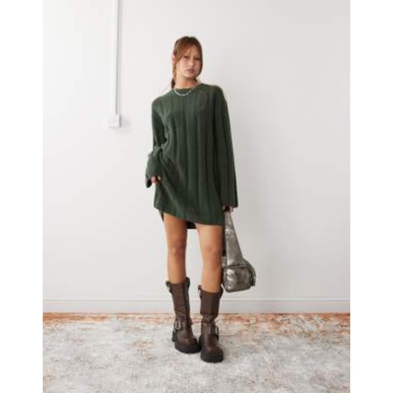 Weekday Fiona chunky ribbed knit mini dress in dark green melange exclusive to