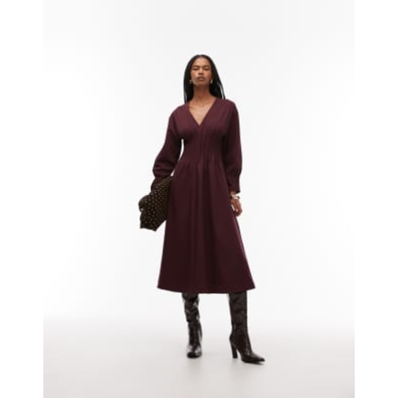 ARKET V-neck cinched waist midaxi dress with volume sleeves in burgundy
