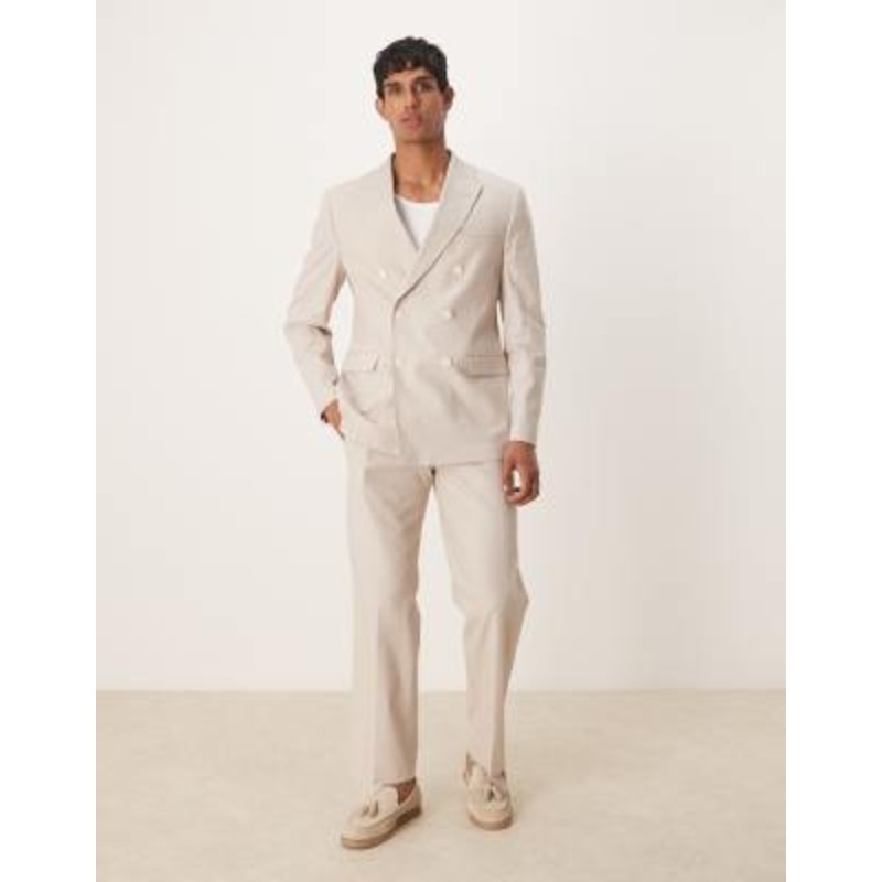 DESIGN double breasted regular suit with linen in stone