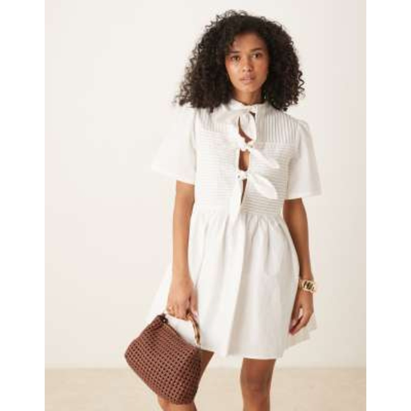 Ghospell bow front smock mini dress in white