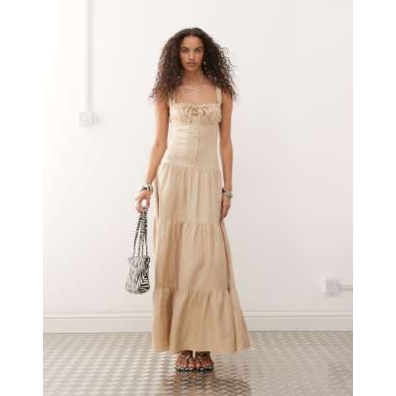Lioness Heart Shaped linen blend milkmaid button detail tiered maxi dress in beige